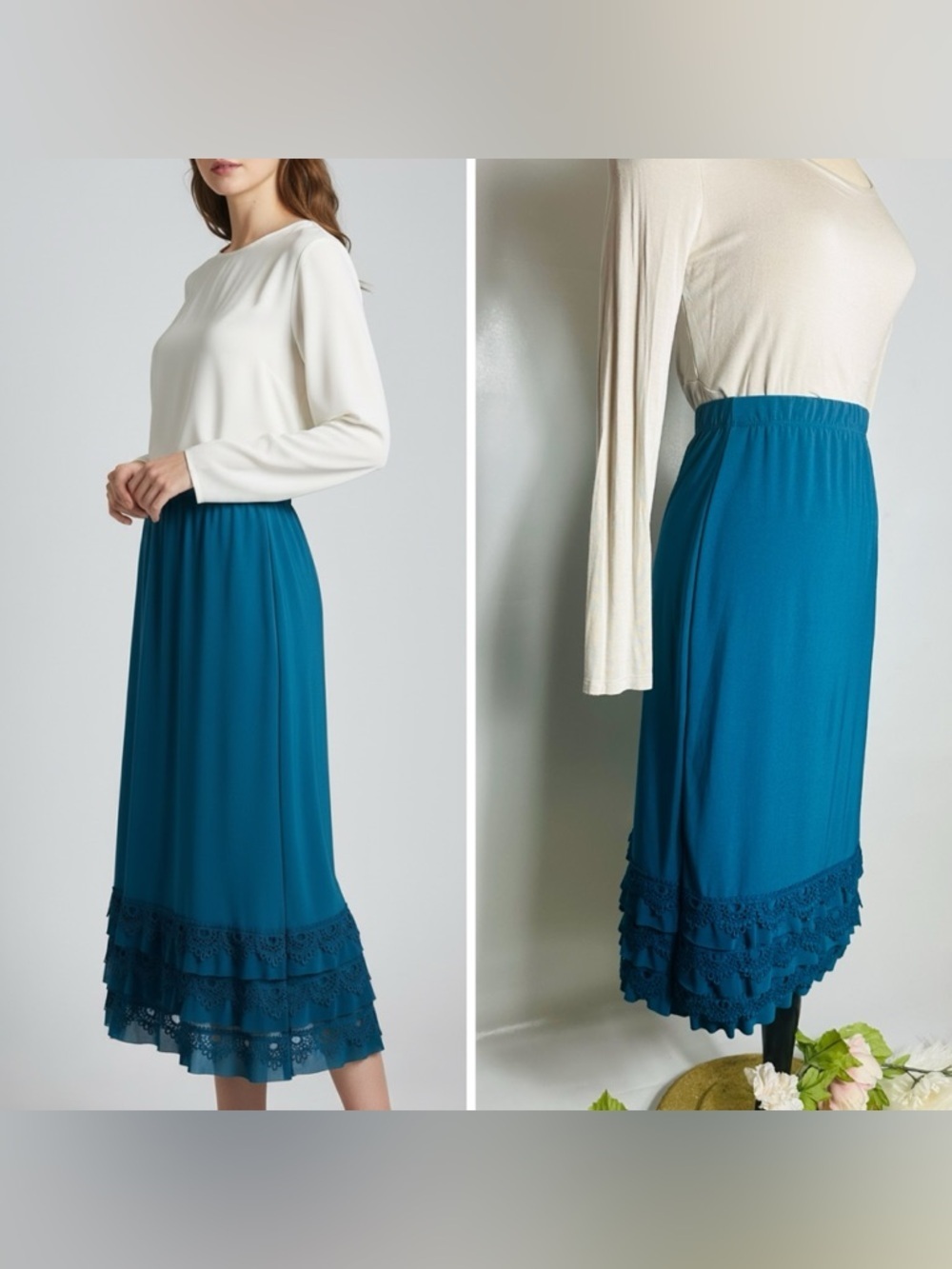 Unk Teal Lace-Tiered Midi Skirt